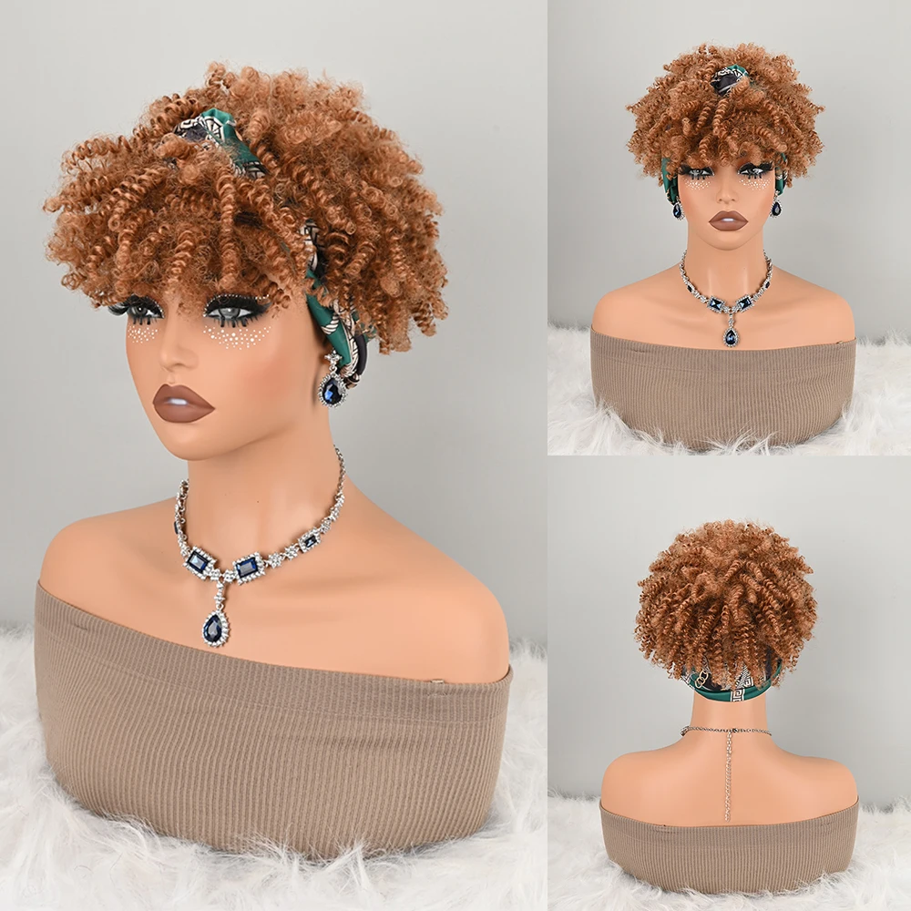 Headband Attached Synthetic Wig for Women Light Brown Short Kinky Curly Full Wig With Geometric Chain Printed Fabric Head Wrap Heat Resistant Fiber Wig for Daily Event Party Costume Use