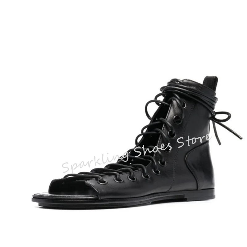 

Peep Toe Hollow Out Women Summer Cool Boots Black High Top Cross Tied Lace-Up Ankle Boots Ladies Outside Flats Sandals
