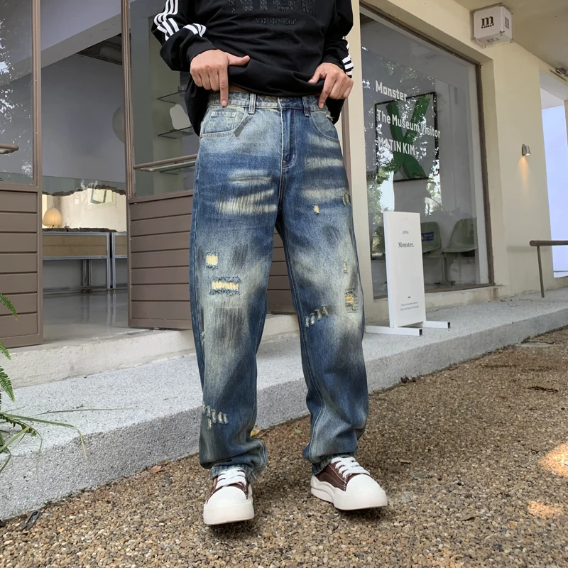 

New blue ripped fashionable ins style MEN'S jeans straight leg loose casual trend washed and worn pants