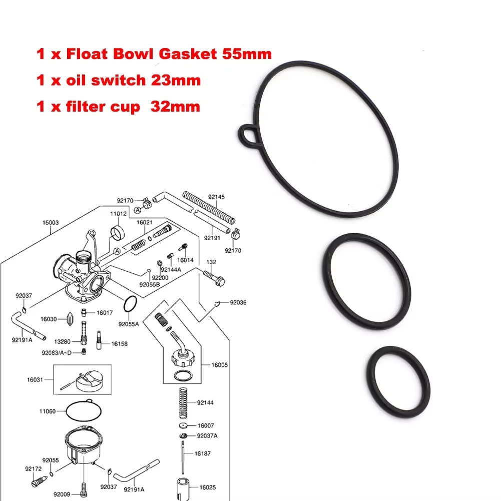 3PCS For Kawasaki KLX110 KLX140L Suzuki DR-Z110K3/K5 Honda TRX70 55MM Float Bowl Gasket, 23MM oil Switch, 32MM Filter cup O-Ring
