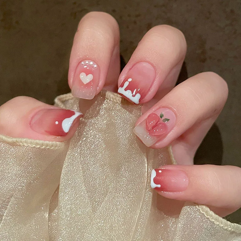 Parche de uñas postizas de 24 piezas, Uñas postizas largas y puntiagudas, de color rosa degradado, con diseño