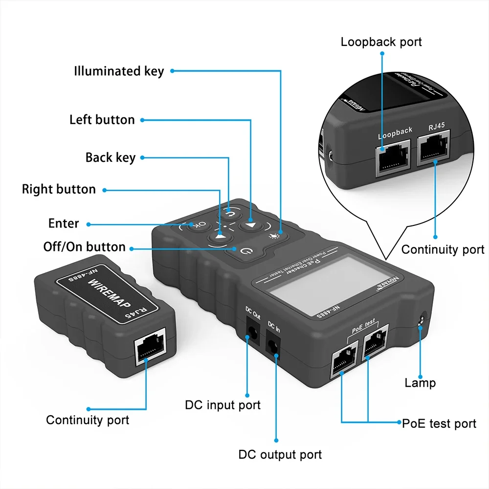 Nayafa NF-488 novo verificador de rede lcd poe sobre a ethernet cat5 cat6 lan cabo testador loop ferramenta teste