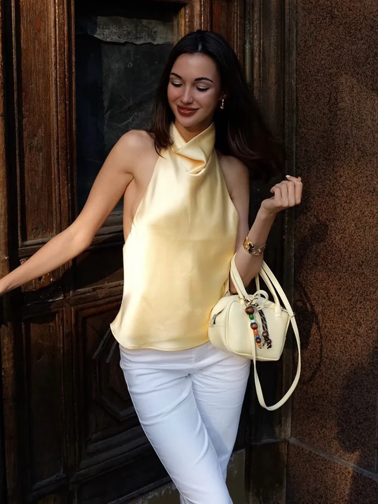 TFMLN 2025 Damski Seksowny Top typu Halter Wiosna Lato Seksowny Bez Pleców High Street Kamizelka Damska Moda Jednolity Elegancki Top z Dekoltem typu Halter — zdjęcie 2