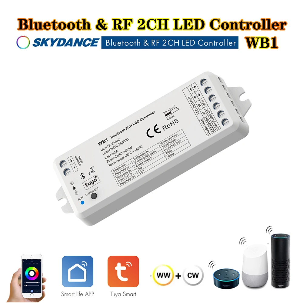 Skydance WB1 Dc12-36V Smart  Bluetooth+Push Switch+ RF 2CH Tuya Dim Controller For Single Color or Color Temperature LED strip