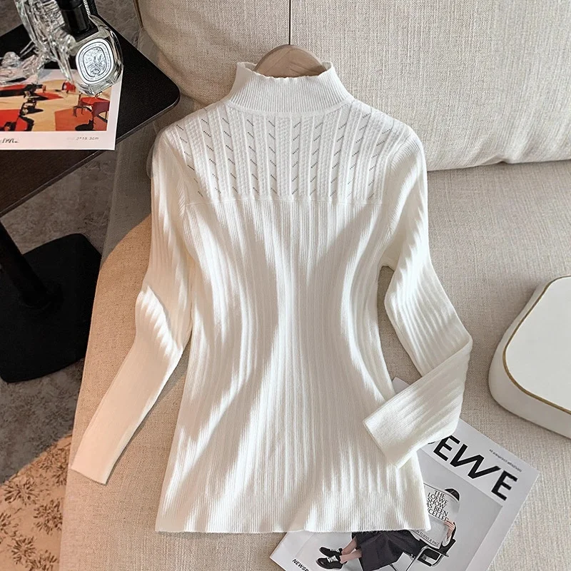 Dames herfst winter nieuwe effen kleur slim fit mock hals nis high-end gebreide kleding stijlvolle basislaag pullover top