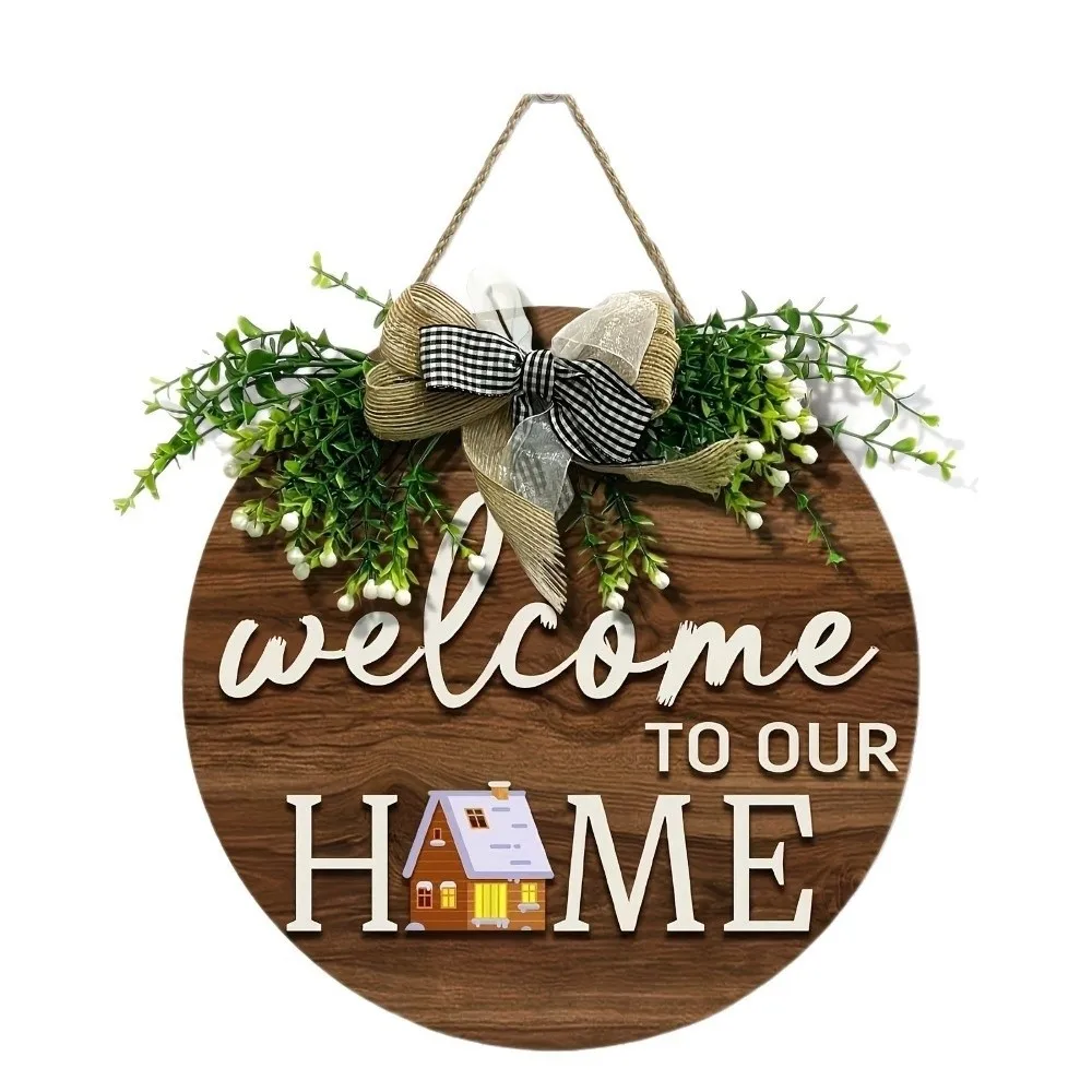 New 2D Flat 2D Round Welcome Sign Retro Style Warm Home Hanging Wooden Board Hanging Plaque Home Decor