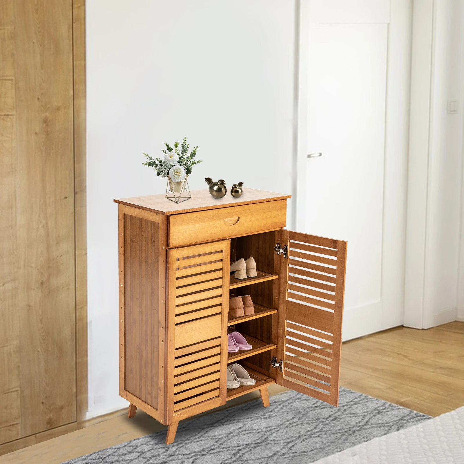 

Bamboo Shoe Cabinet W/ Double Doors & Drawer, 4-Tier Large Capacity Shoe Storage, Retro Brown Organizer for Hallway & & Bedroom