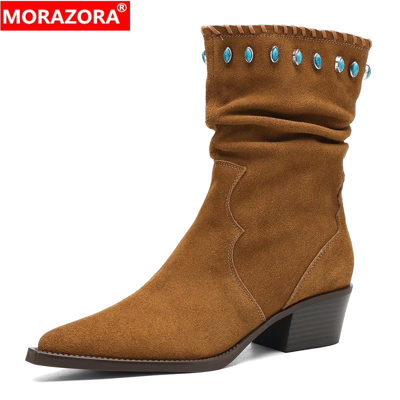 

MORAZORA 2026 New Cow Suede Leather Western Boots Women Chunky Mid Heels Ankle Boots Pointed Toe Retro Women Boots