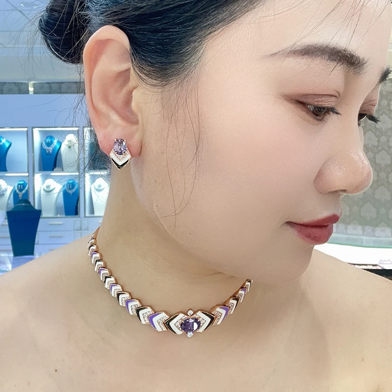 Designer Fashion Style Earrings Necklace Women Lady Inlay AAA Oval Purple Cubic Zircon Enamel Party Jewelry Sets