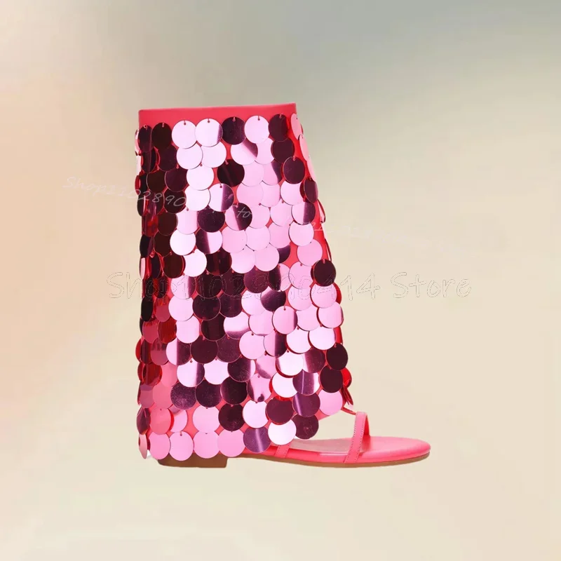 

Rose Red Sequins Decor Open Toe Sandals Boots Side Zipper Women Shoes Chunky Heels Fashion Party Feast 2025 Zapatos Para Mujere