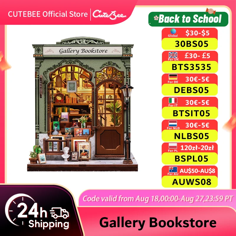 

CUTEBEE DIY Book Nook Kit Miniature Model Wooden Dollhouse with LED Light Bookshelf Insert Home Decor for Gallery Bookstore