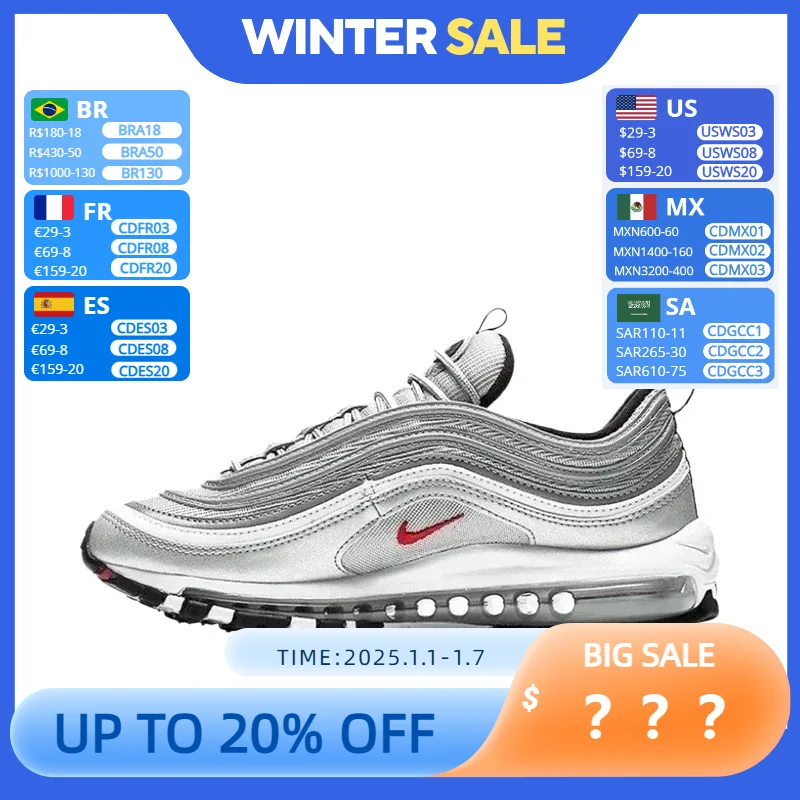 Nike Air Max 97 Men and Women Low-top Retro Running Shoes Air Cushion Sneakers Silver