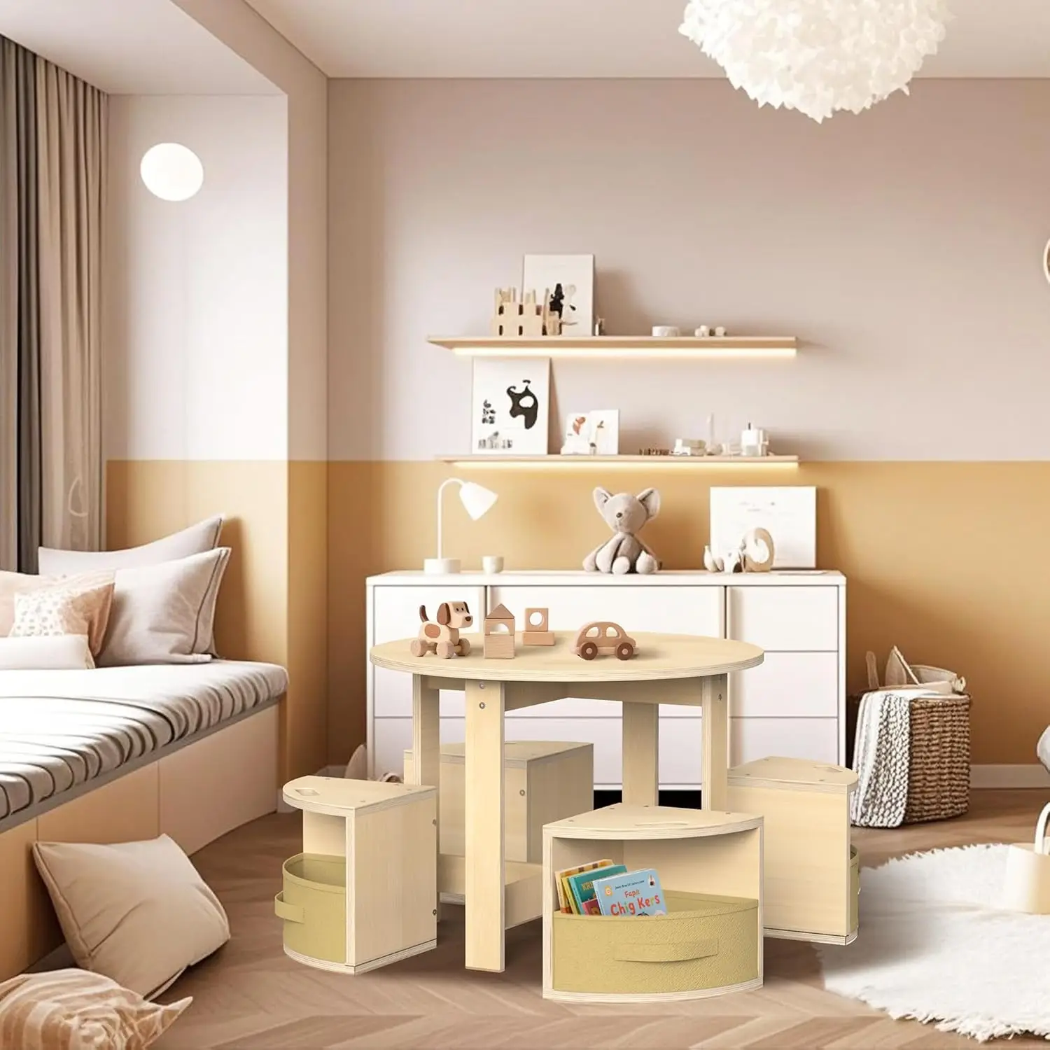 Toddler Table and Chair Set with 3 Storage Stools, Round Shaped Nesting Design, Kids Activity Table for Play/Art/Reading/Craft