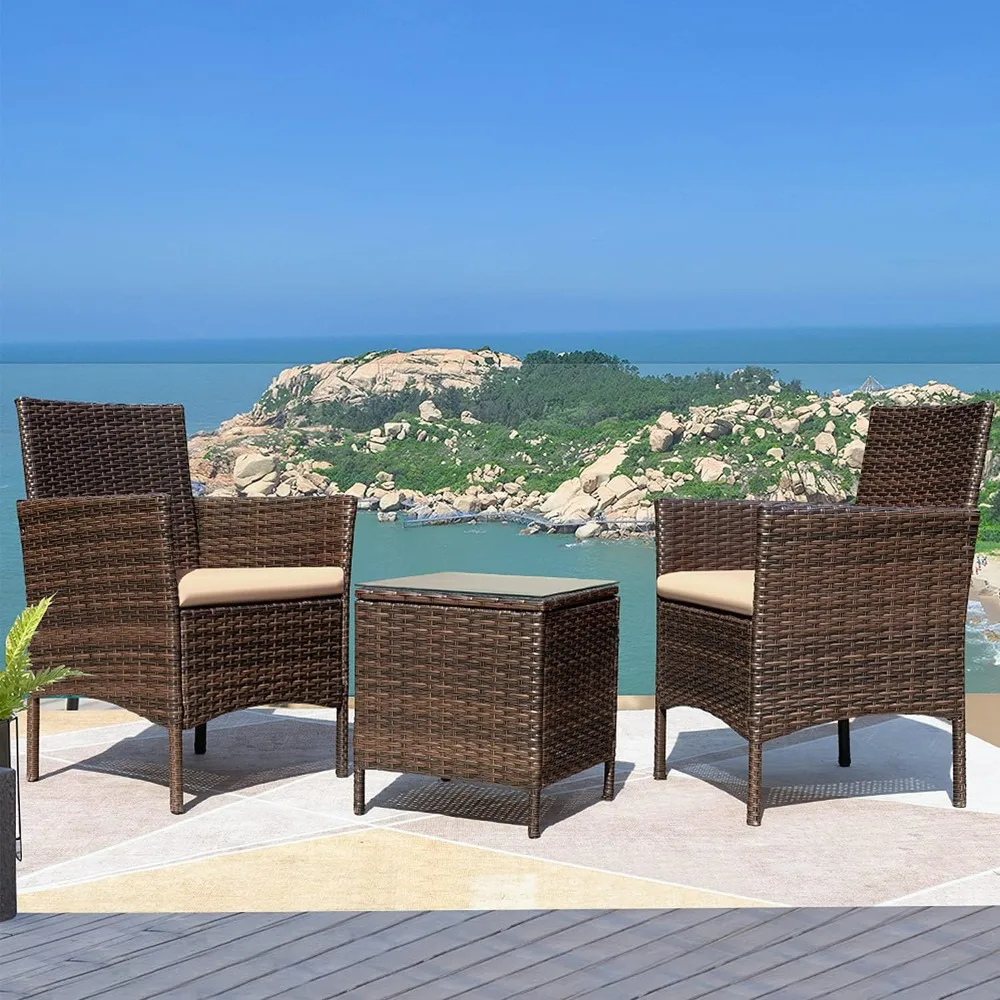 

Patio Furniture Sets Outdoor PE Rattan Wicker Chairs with Soft Cushion and Glass Coffee Table for Garden Backyard Porch Poolside