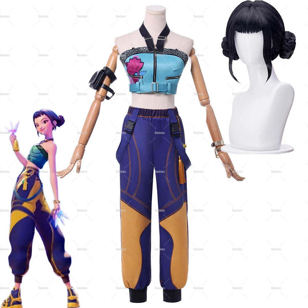 

Anime Movie KPop Demon Hunters Zoey Cosplay Costume Wig Uniform Huntrix Rings Earrings Shoes Halloween Party for Women Girls