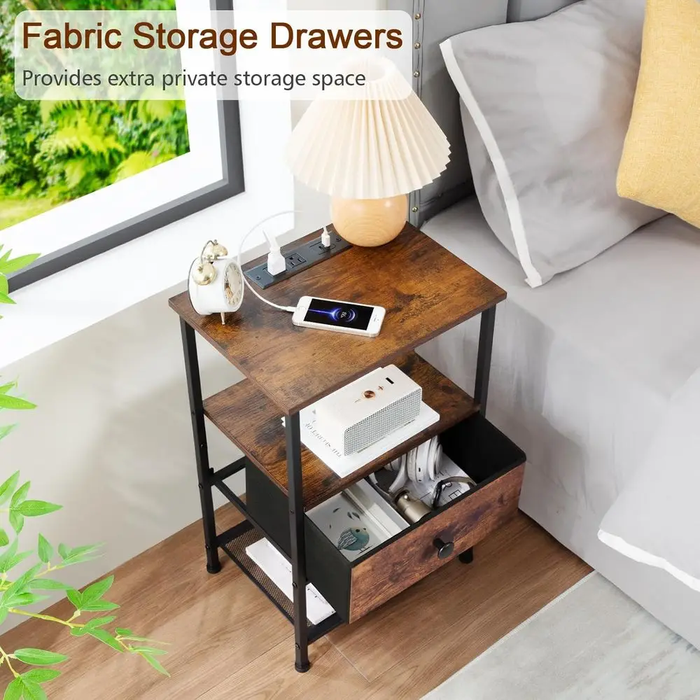 Rustic Brown Charging Nightstand, Storage End Table for Small Spaces, Fabric Drawer Side Table for Bedroom Living Room HETS010PB