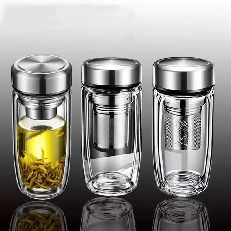 450ML Glass Water Bottle Oval Shaped Double Layer Tea Water Cup Infuser Tumbler Drinkware Water Bottle With Tea Filter