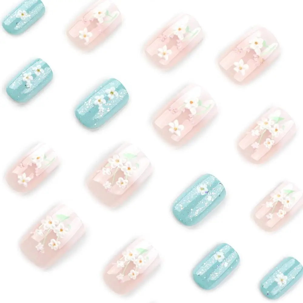 24 pezzi staccabili corti quadrati rotondi unghie finte verde glitter fiori freschi unghie finte copertura completa punte per unghie francesi donne