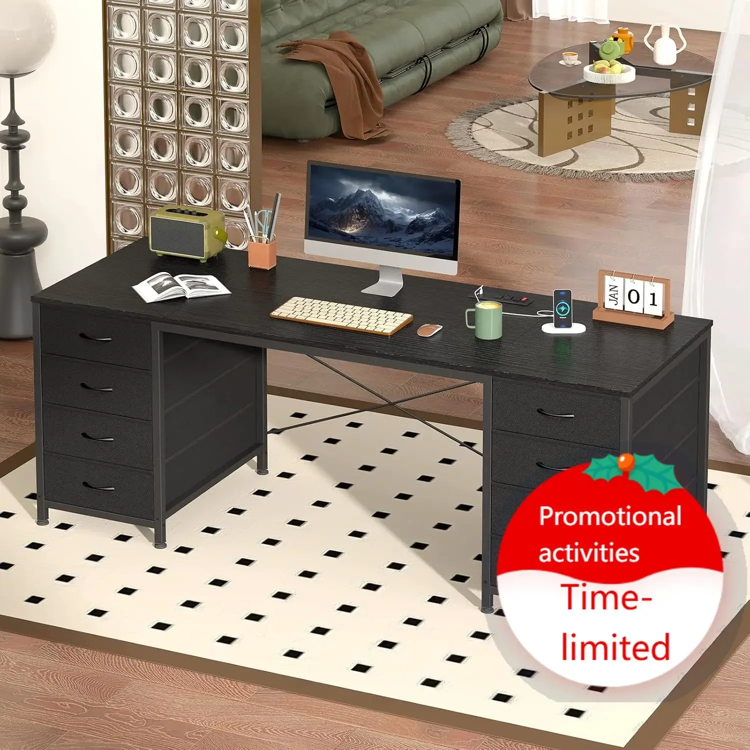 60 Inch Computer Desk with 8 Drawers for Home Office, Bedroom, Living Room | Home Office Desk with Power Outlets, Work Study Gam