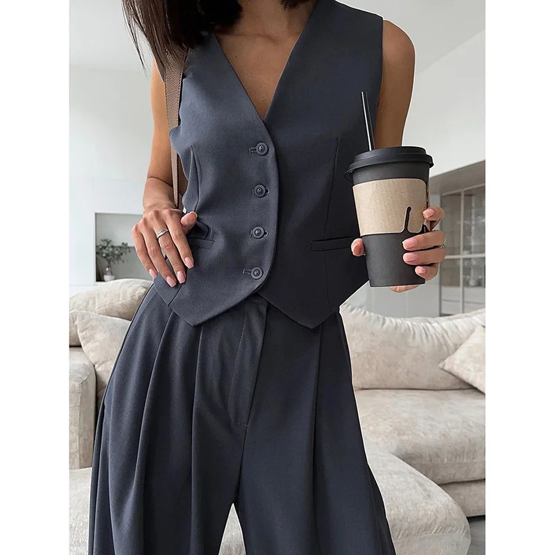 High-end Texture Office Lady Suit Coat Set Fashion Simple Solid Commuter Wear V-neck Vest Loose Wide-leg Pants Three-piece Set