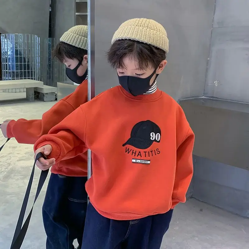 

Новое поступление осени/зимы для мальчиков 2025 года, модный теплый свитшот из двух предметов на флисовой подкладке в корейском стиле с полувысоким воротником