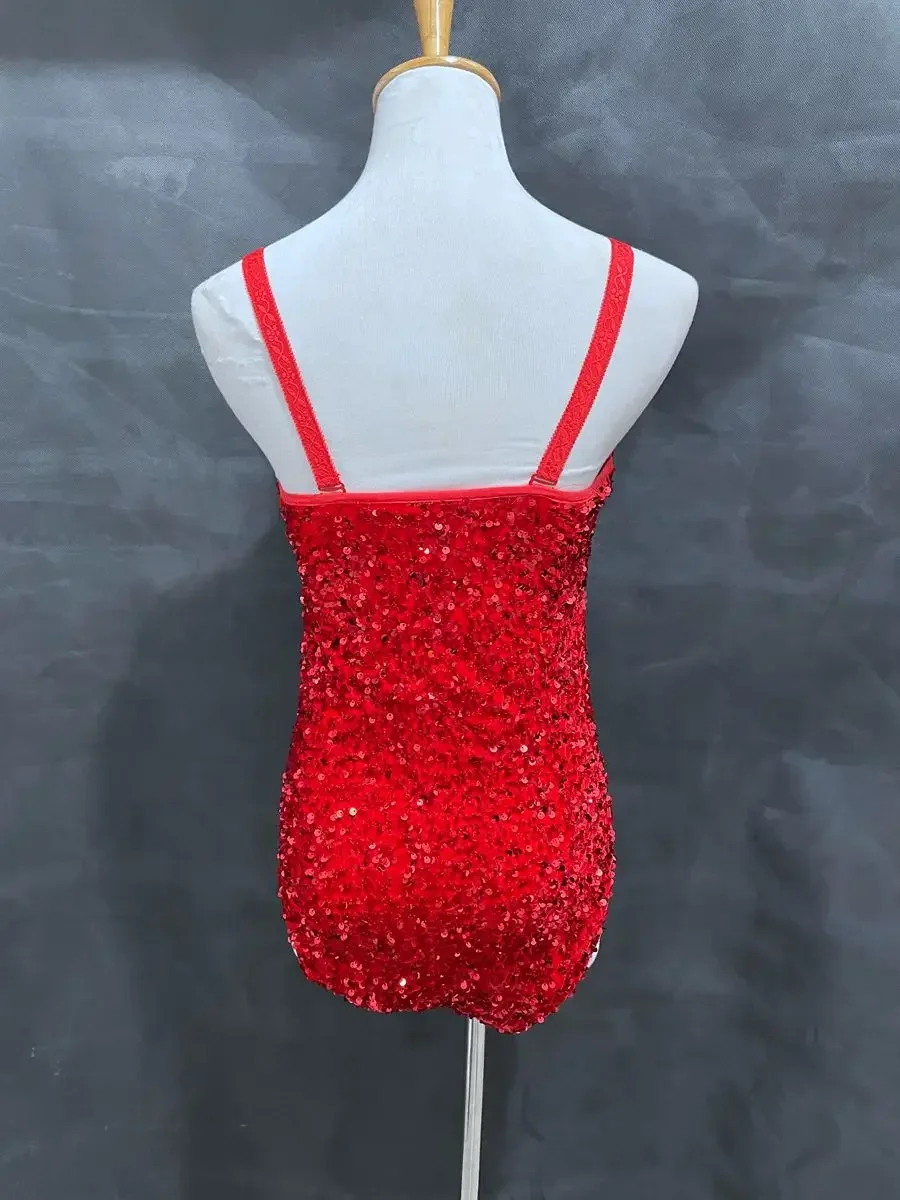 Bar Nachtclub DJ Sänger Tänzer Team Frauen Gruppe Kostüm Rot Schwarz Pailletten Elastische Sling Body Leistung Sexy Bühne Tragen