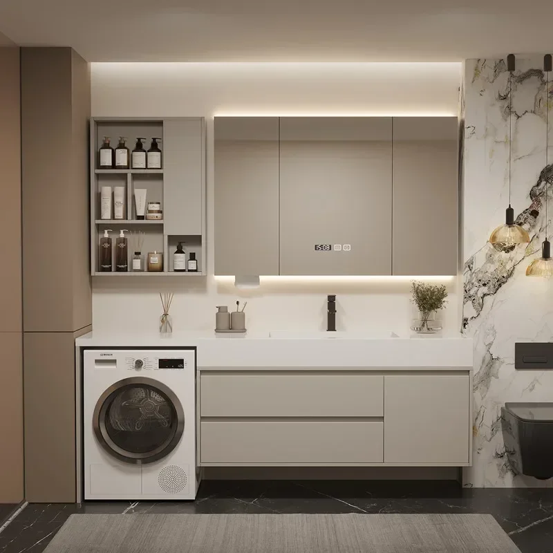 Cream Wind Light Luxury Rock Slab Bathroom Cabinet Washing Machine Cabinet Integrated Combination Toilet Seamless