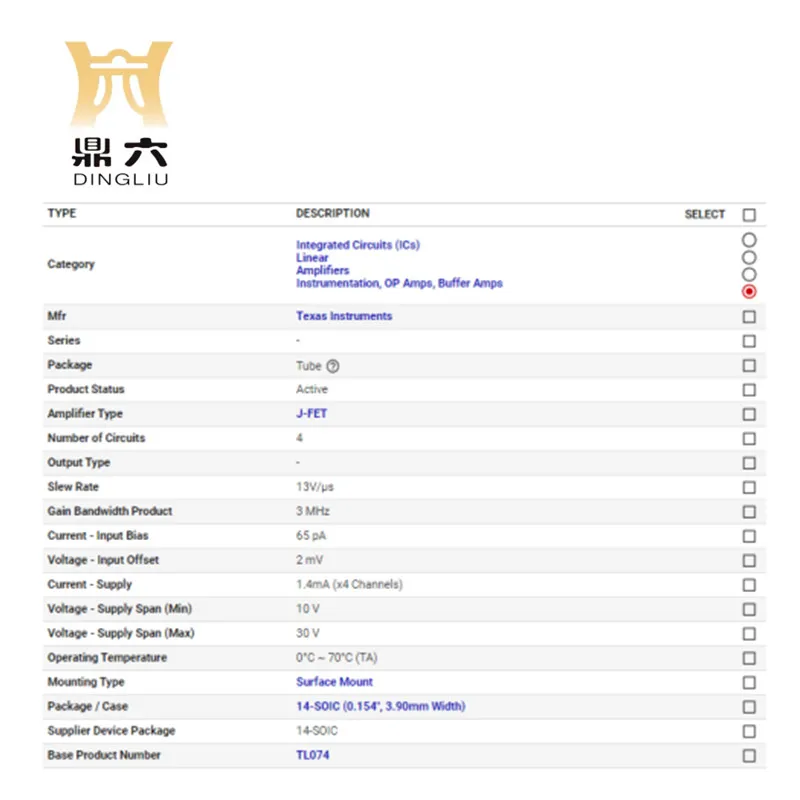 TL074BCD Ic Opamp Jfet 4 Circuit 14Soic TL074BCD Versterker