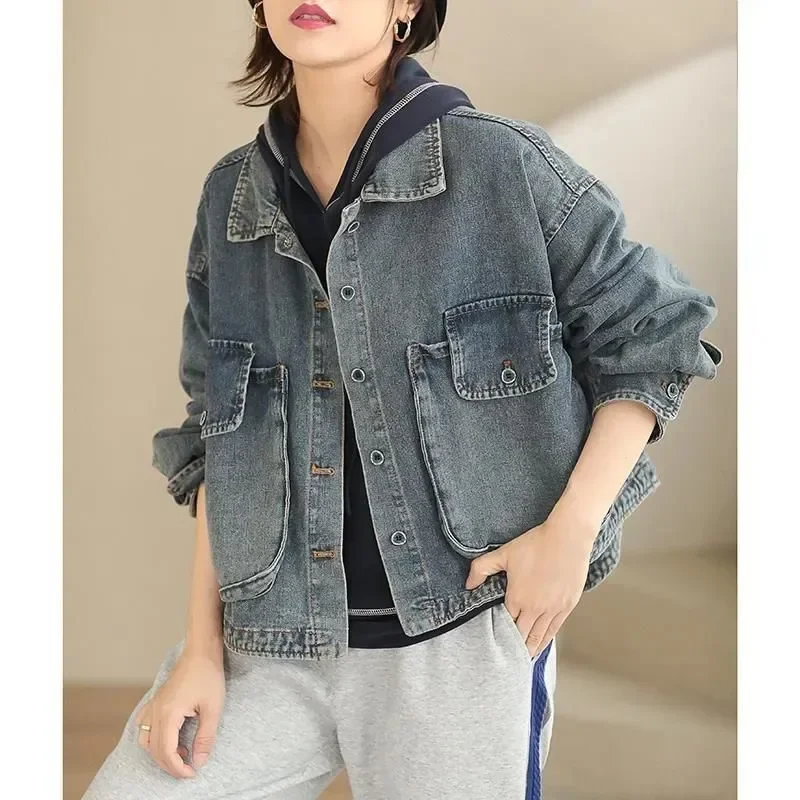 Spring Autumn new Femme Jeans Coat Women Korean Tooling Water Grinding White Cowboy Jacket Ladies Loose Denim Outwear Tide XQ15