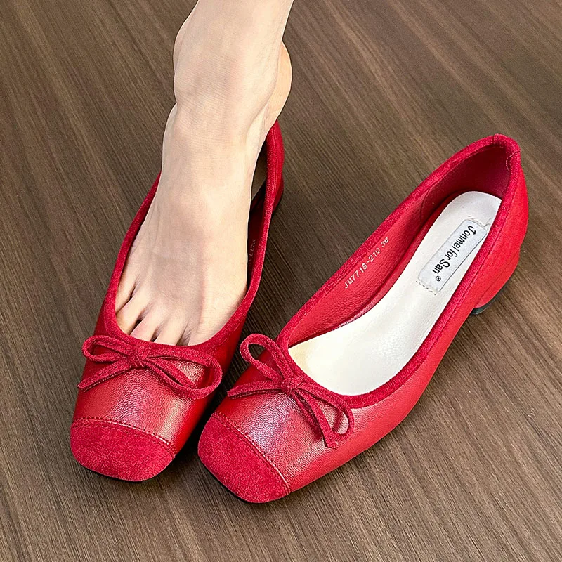 French Square Toe Bow Flats Shoes 2024 New Autumn Shallow Fairy All-match Gentle Office Dress Low Heels Pumps Female Ballerina