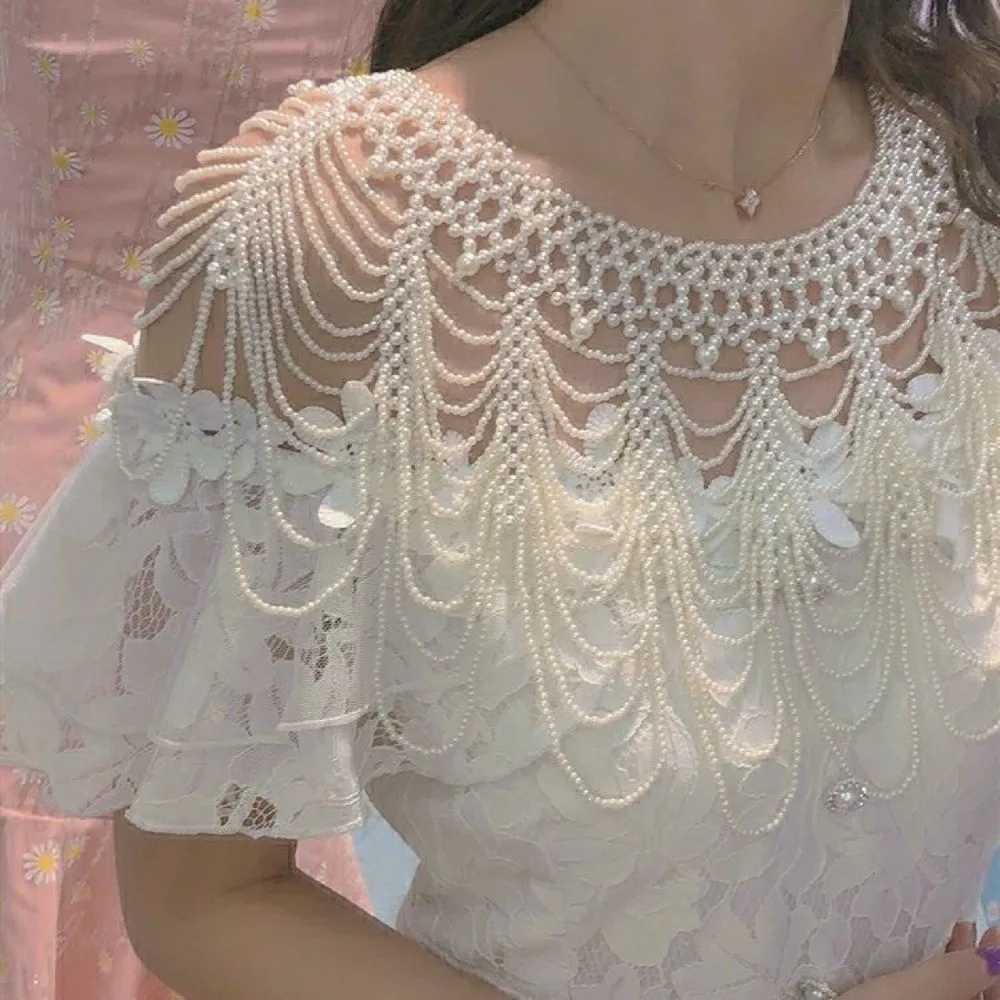 

Elegant Hollow Wedding Pearl Shawl Pearl Tassel Beaded Shoulder Chain Handmade Bridal Wraps Bridal Wedding Dress