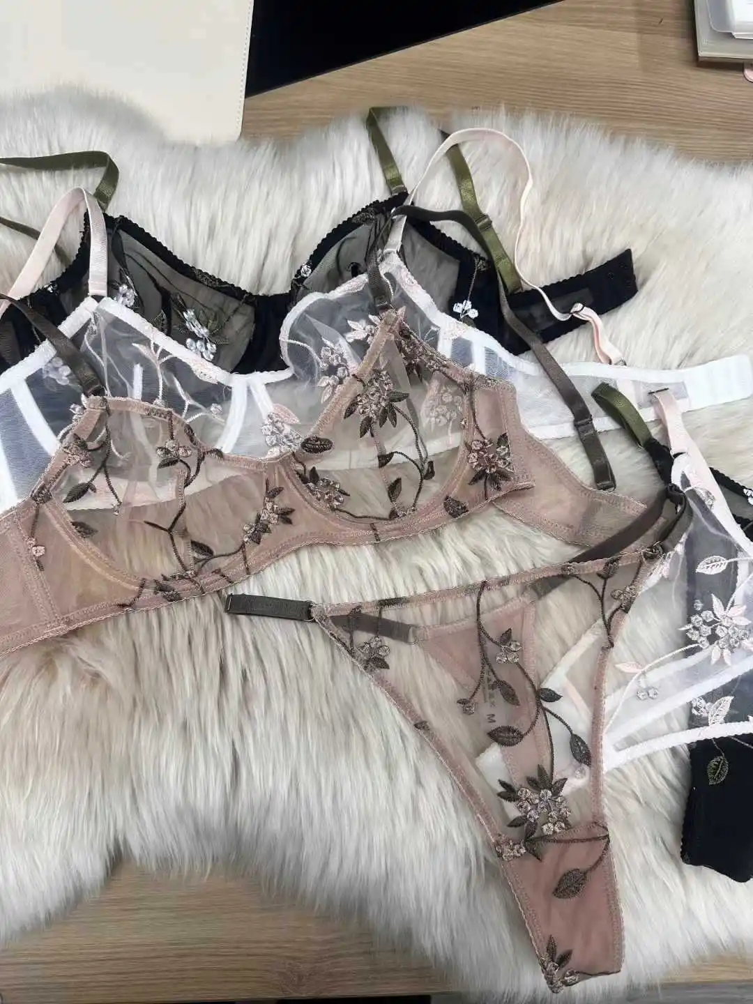 BANERDANNI Conjunto de sujetador de malla transparente popular, sujetador minimizador push-up antideslizante con bordado de encaje transparente para mujeres con busto grande