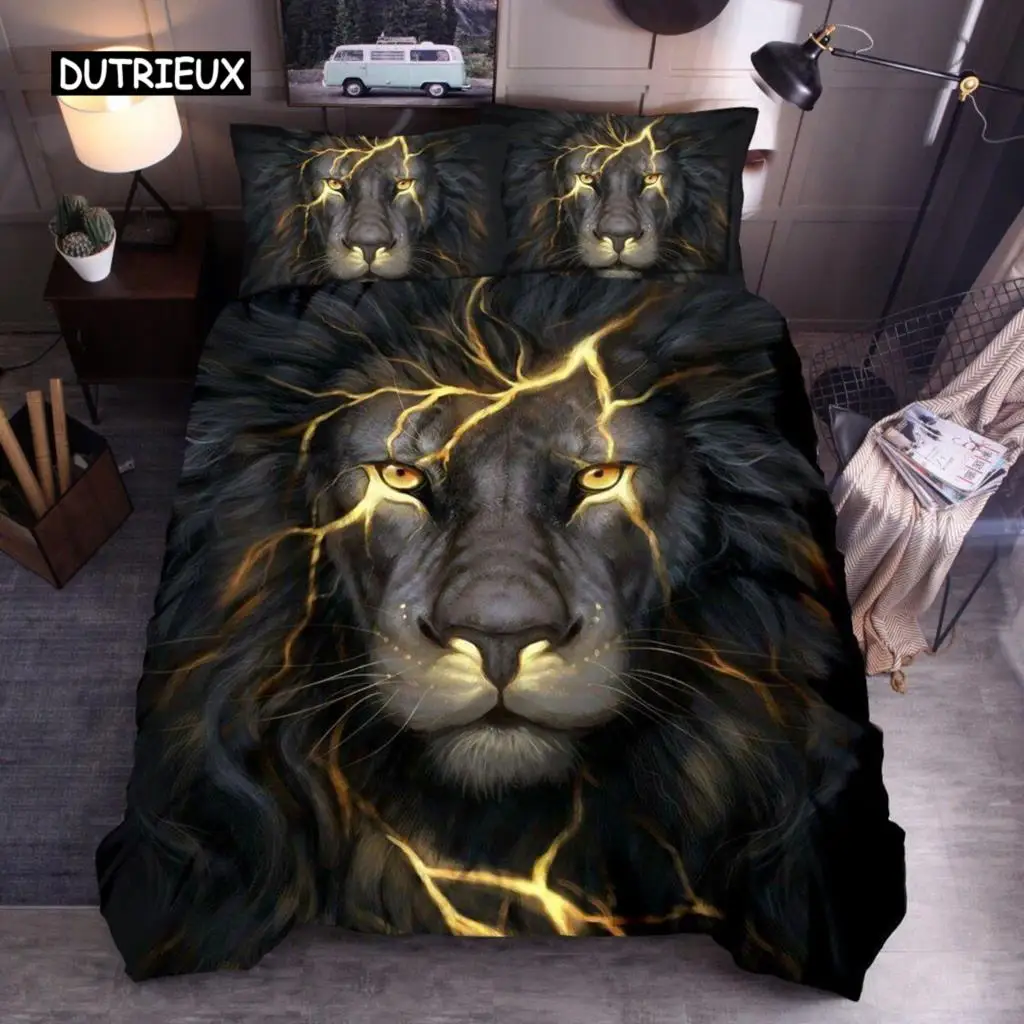 

Animal Duvet Cover Set Queen Size Polyester Lightning Lion Pattern Comforter Cover Grey Black Soft Bedding Set For Teen Boys Man