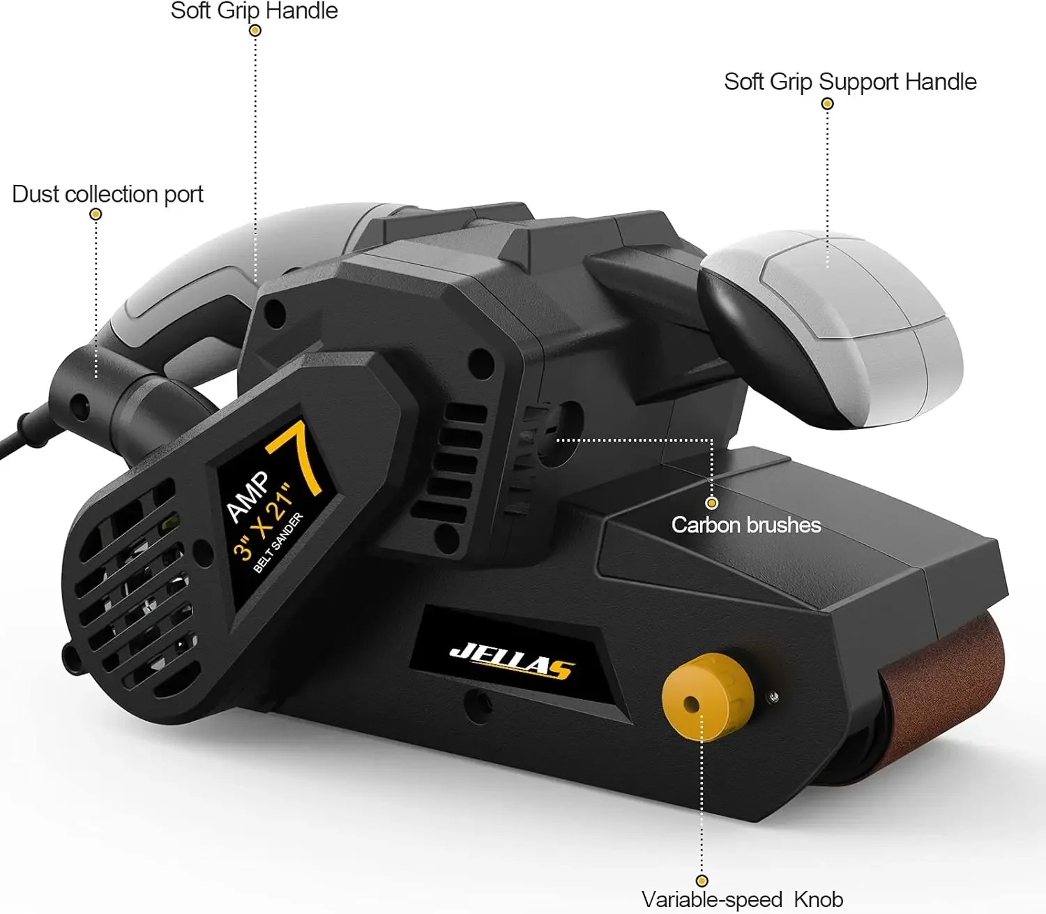 Lijadora de correa de 3x21 pulgadas con bolsa de polvo, máquina lijadora de 7 amperios con Control de velocidad Variable, adaptador de vacío 2 en 1