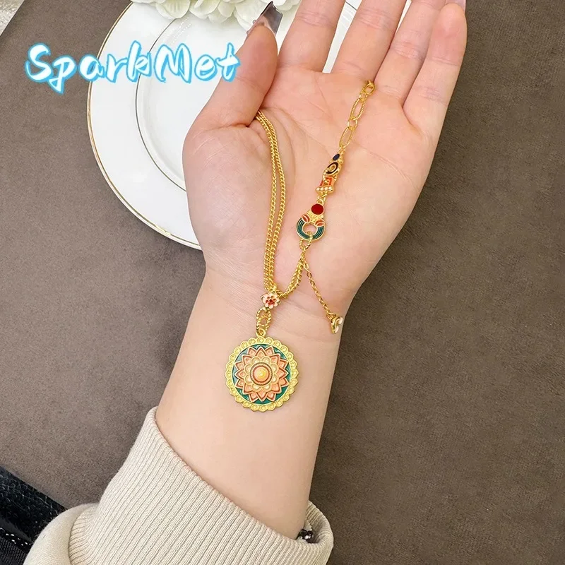 

Ожерелье Sparkmet National Trend Ancient Method из чистого золота 9999 пробы (24K) с эмалевой мандалой и колесом времени, цепочка на ключицу, женское, в стиле ретро