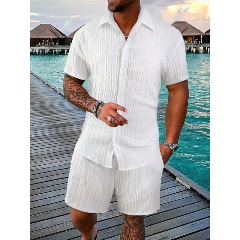 

Костюм мужской с шортами на шнурке, Классическая рубашка в полоску, сорочка с короткими рукавами, пляжный повседневный костюм, однотонная одежда, 2 предмета, лето
