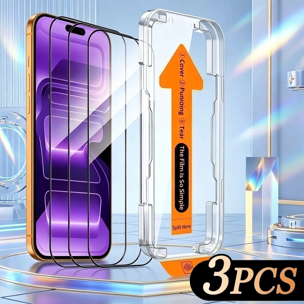 

3Pcs Ultra HD Full Screen Protector for iPhone 17 16 15 Pro Max 17e 16e Air 14 13 12 Pro 15 14 Plus Dust Free Installation Glass