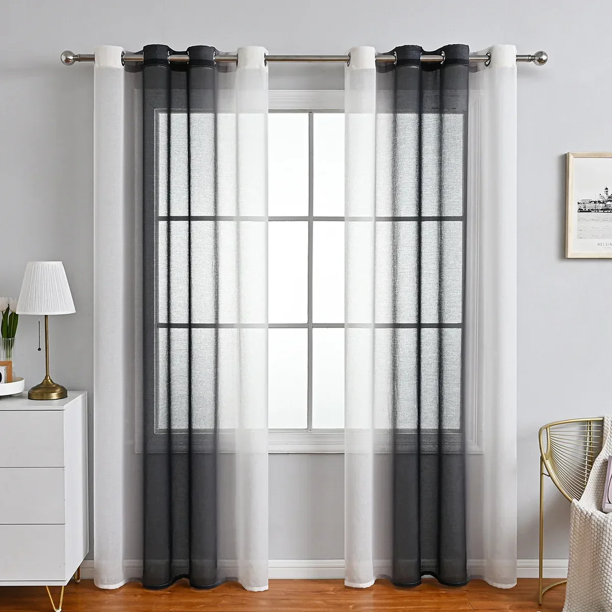 

Curtain Gradient Stripe White Window Drape 2 Panels for Living Room Sheer Treatment Bedroom Decorative Gromment Top W132cm