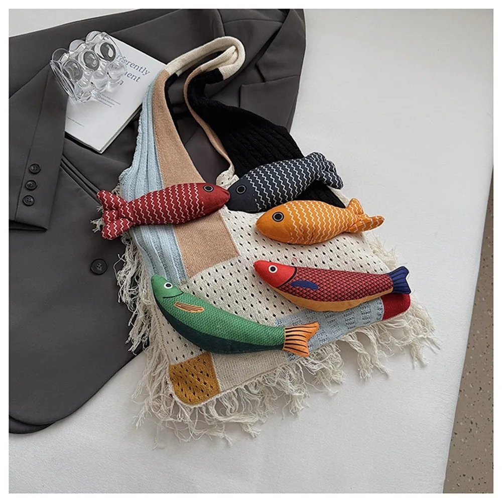 

Sweet Summer Cotten Crochet Shoulder Bag Large Capacity Fashion Tassels Beach Handbag Simple Fish Tote Bag Shopping Bag