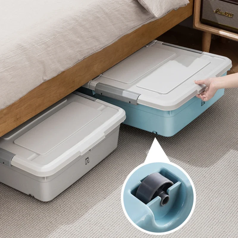 Bed Storage Box with Cover and Wheels Pulley Quilt Clothes Organizer Flat Plastic Bed Bottom Storage Solution