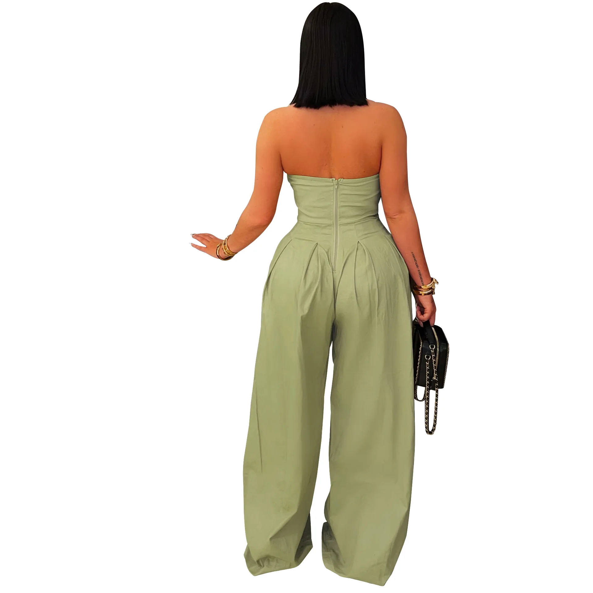 유행 여성 Strapless 민소매 단추 넓은 다리 Jumpsuit 2025 여름 우아한 Backless 파티 캐주얼 Rompers 실제 그림