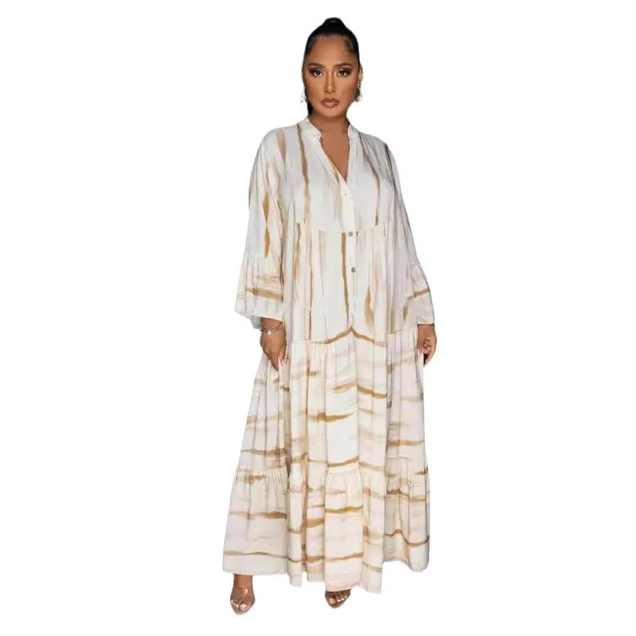 Casual Print Jurk Voor Dames Zomer Lange Mouw Losse Abaya Vrouwen Boho Hoge Taille Vakantie Jurk Vestidos Elegantes Para Mujer