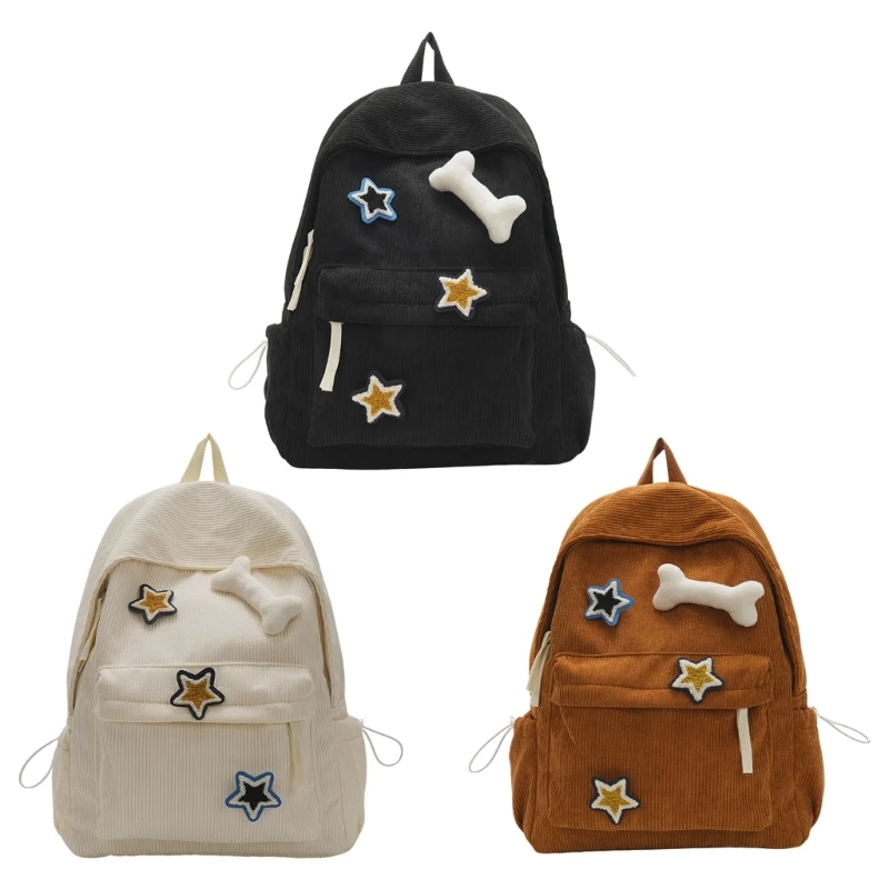 Y2K Girls  Corduroy Aesthetic Backpack with Star Bone Pattern Teens Student Large Capacity School Bookbag Travel Laptop Rucksack