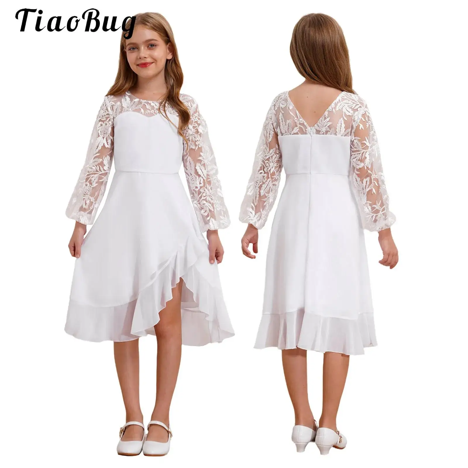

White Girls Festive Dress Mesh Embroidery Birthday Party Chiffon Formal Dress Flower Girl Wedding Dress Pageant Princess Costume