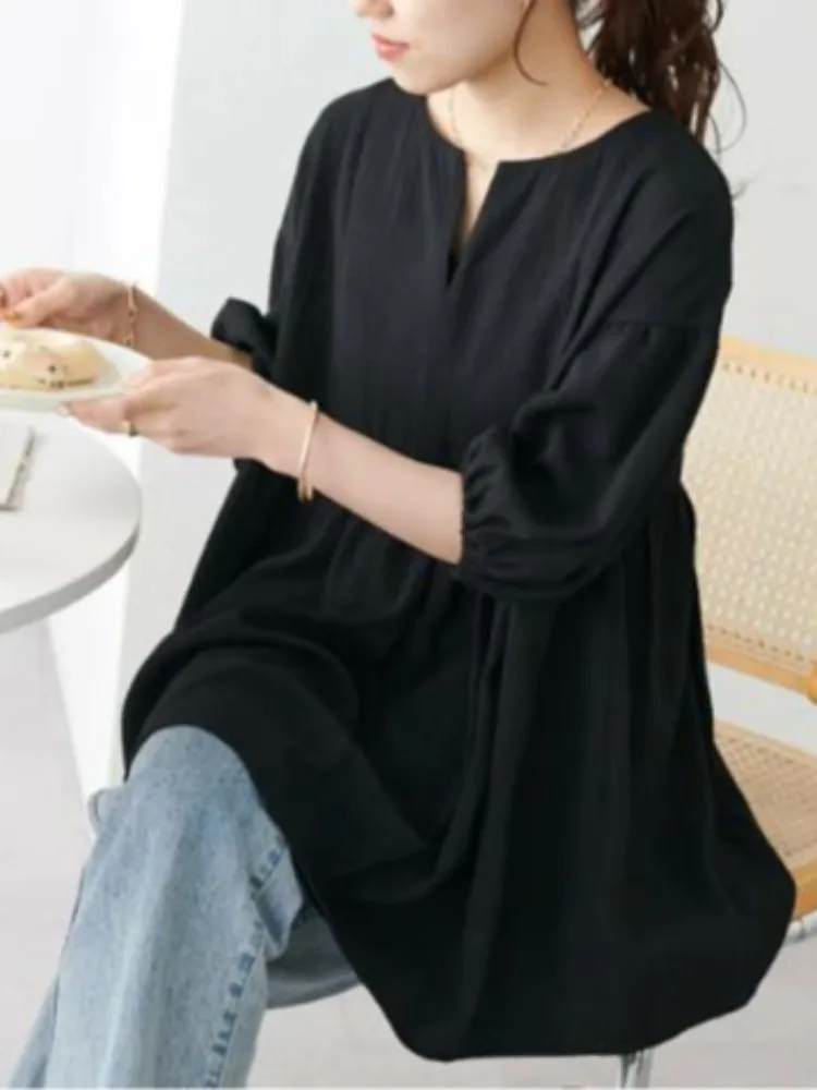 

Sweet Retro Loose Fit V-Ne Lantern Sve irt Women's Casual Versatile Age-Defng Top Polyester Fiber Seven-Quarter Sve