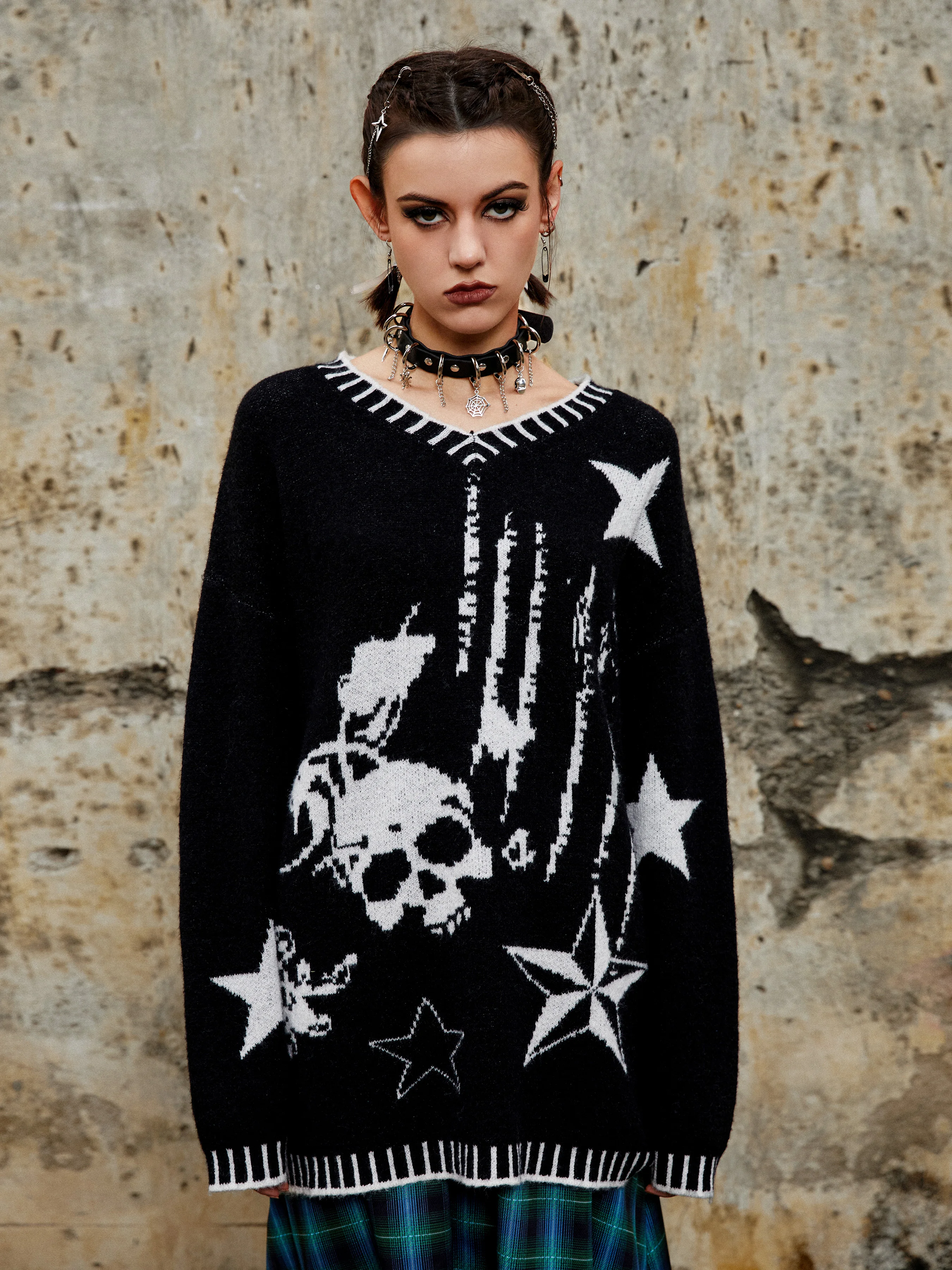 Men Women Hip Hop Gothic Pattern Knitted Sweater Harajuku Fashion Loose Tops Casual Streetwear Pullover Y2K Clothes Vintage