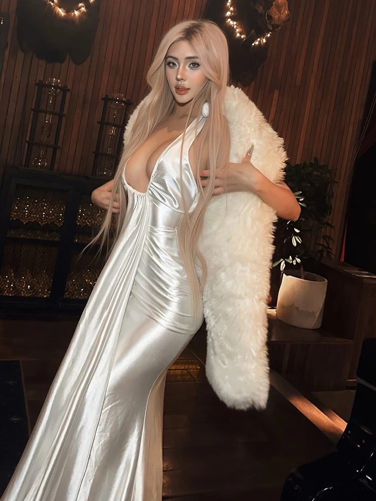 Nibber Low Neck Banquet Halter Satin Dress Women Elegant Sexy Ruched Backless Party Gown Clubwear Stretch Trend Long Bodycon