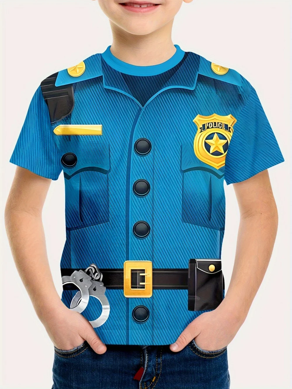 Children's T-Shirt Boy Cool Police Badge Print Fashion Round Neck Short Sleeve Summer Outdoor Sport Perfect Gift T-Shirt for Boy