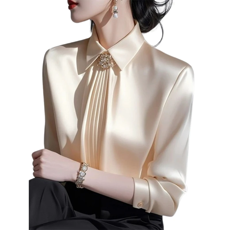 بلوزات الحرير الساتان المرأة طويلة الأكمام بلوزات غير رسمية الخريف الربيع مكتب سيدة لباس غير رسمي البلوزات حجم كبير