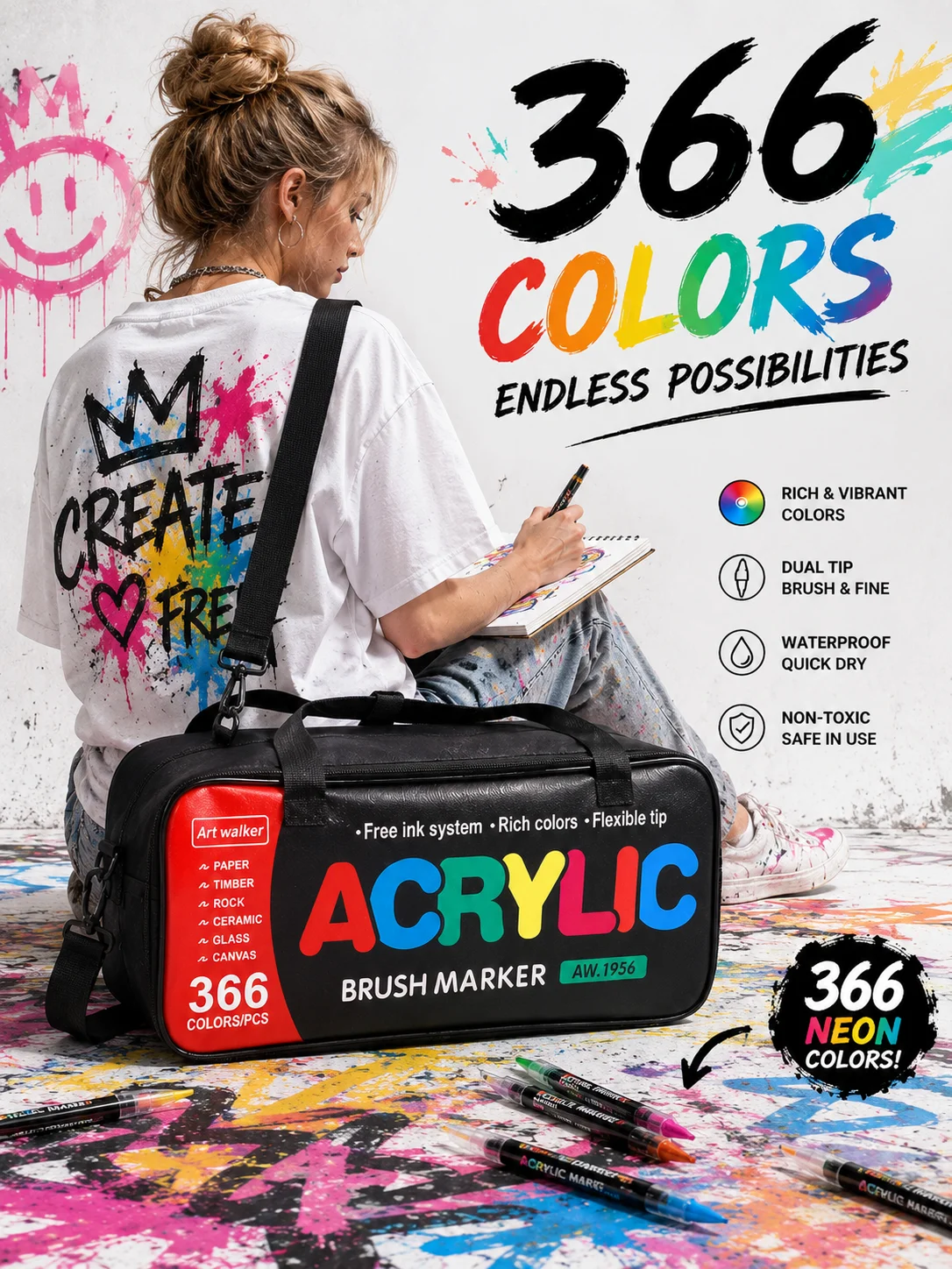 

366 Colors Acrylic Brush Markers Set with Carrying Case Paint Pens for Rock Canvas Wood Glass Ceramic Art Supplies